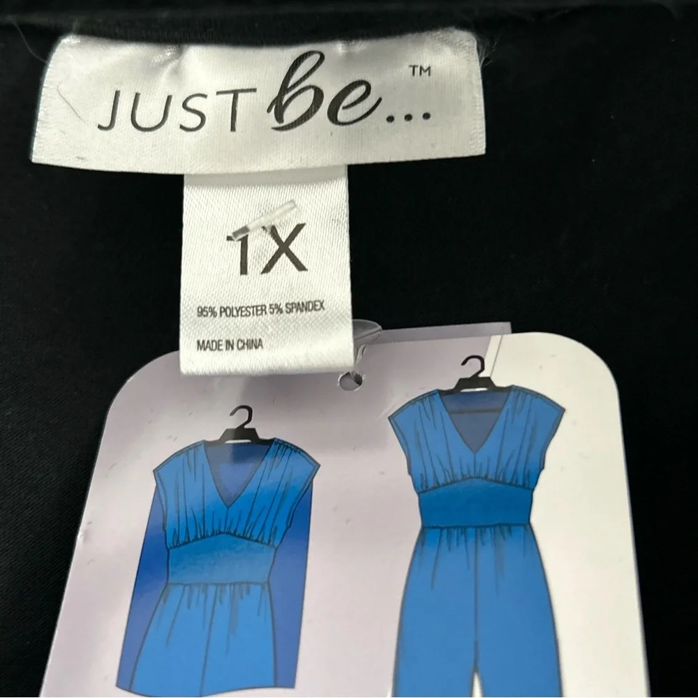 JUST BE Black Jumpsuit V-Neck Wide Leg Empire Waist Polyester Spandex Size 1X